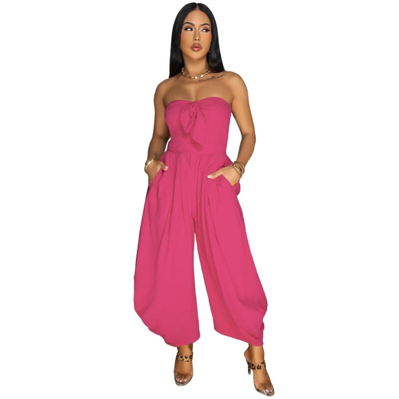 Rose Red Off the Shoulder Lace Up Wide Leg Women's Casual Romper Jumpsuits