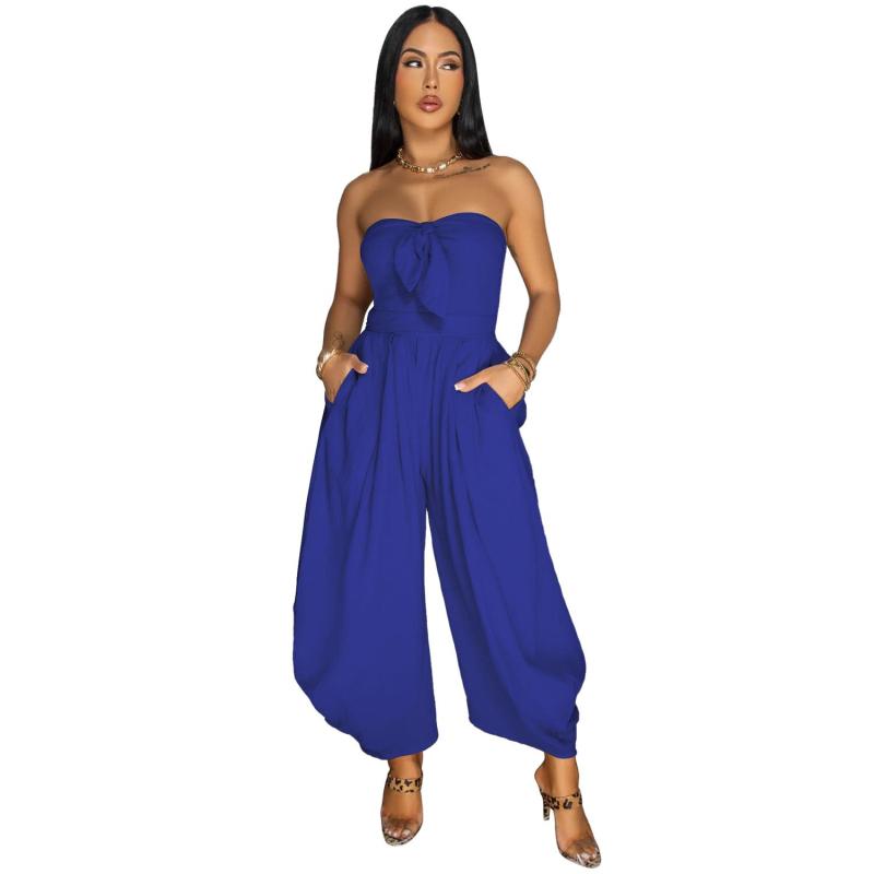 Bue Off the Shoulder Lace Up Wide Leg Women's Casual Romper Jumpsuits