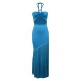 Blue Off Shoulder Evening Party Tassels Maxi Gowns Bandage Long Dress