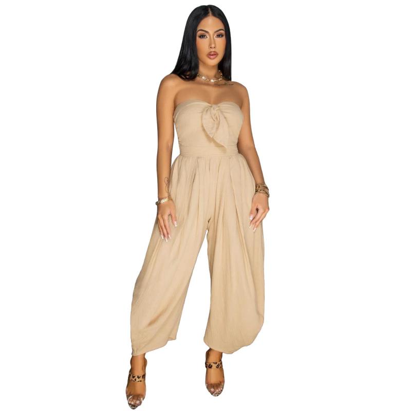 Beige Off the Shoulder Lace Up Wide Leg Women's Casual Romper Jumpsuits