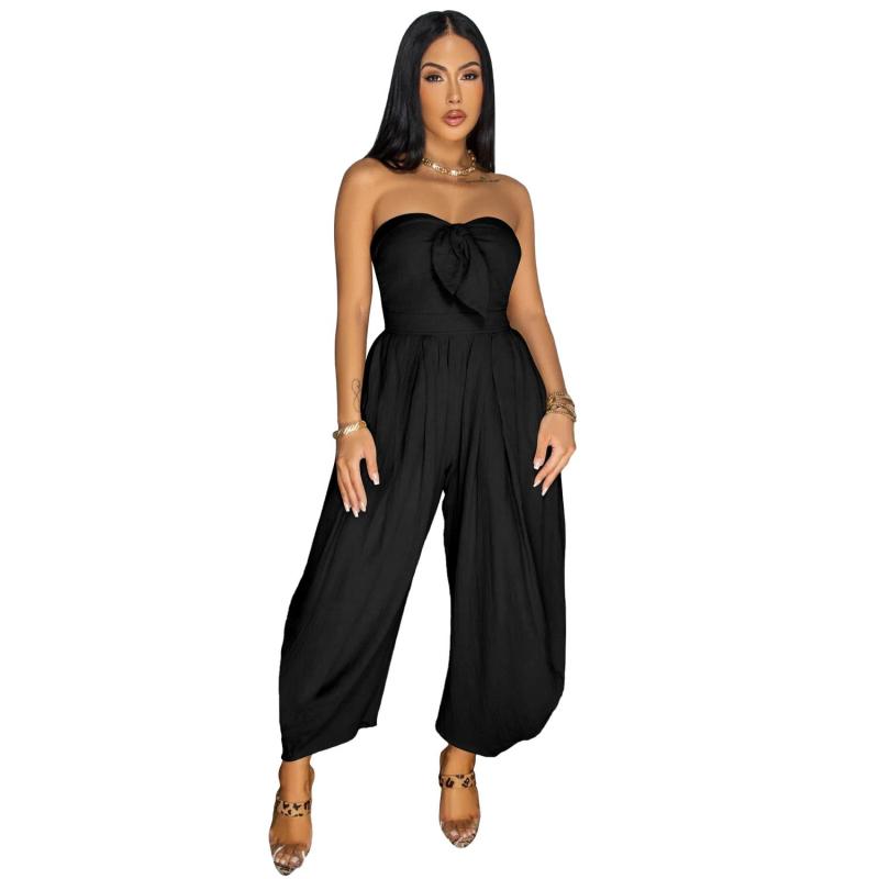 Black Off the Shoulder Lace Up Wide Leg Women's Casual Romper Jumpsuits