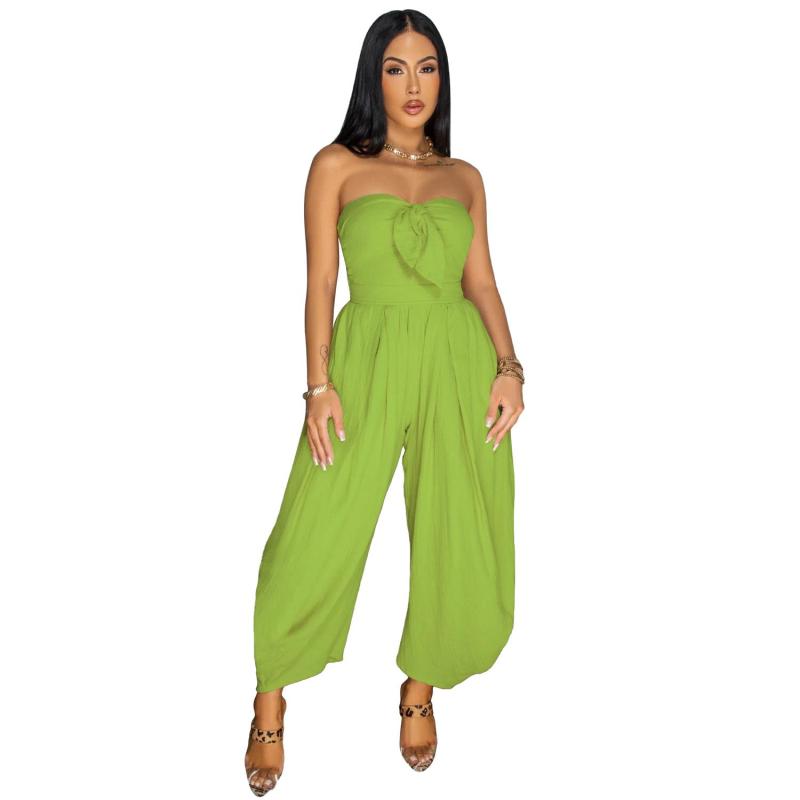 Green Off the Shoulder Lace Up Wide Leg Women's Casual Romper Jumpsuits