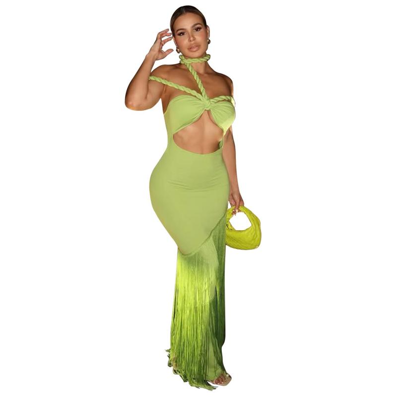Green Off Shoulder Evening Party Tassels Maxi Gowns Bandage Long Dress