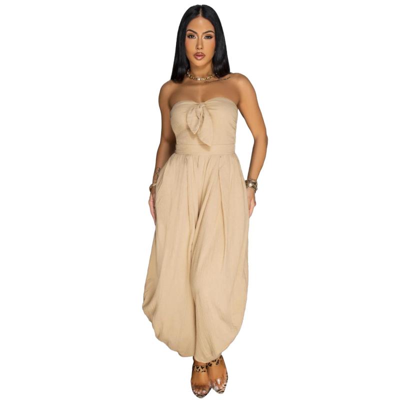 Beige Off the Shoulder Lace Up Wide Leg Women's Casual Romper Jumpsuits