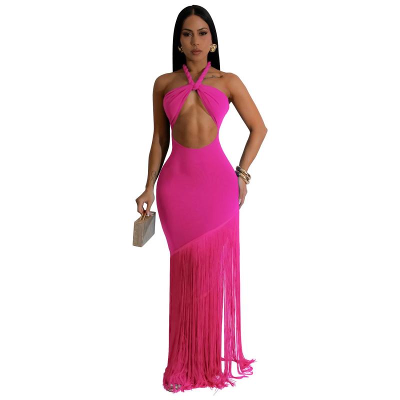 Rose Red Off Shoulder Evening Party Tassels Maxi Gowns Bandage Long Dress