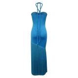 Blue Off Shoulder Evening Party Tassels Maxi Gowns Bandage Long Dress