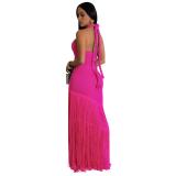 Rose Red Off Shoulder Evening Party Tassels Maxi Gowns Bandage Long Dress