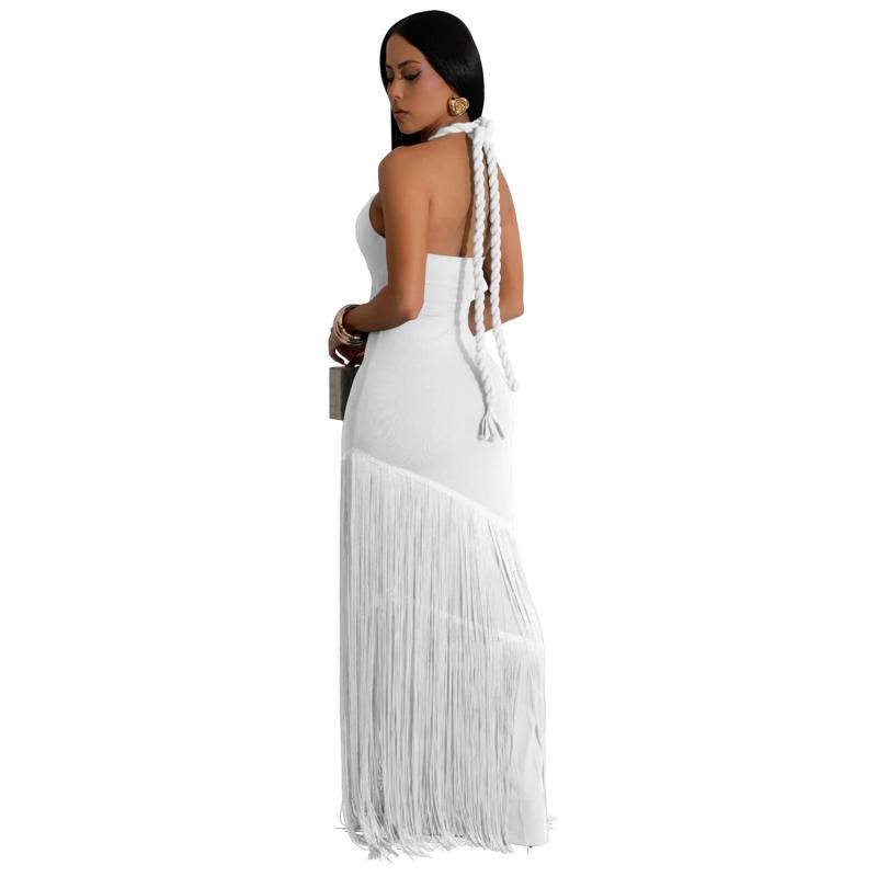 White Off Shoulder Evening Party Tassels Maxi Gowns Bandage Long Dress