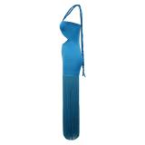 Blue Off Shoulder Evening Party Tassels Maxi Gowns Bandage Long Dress