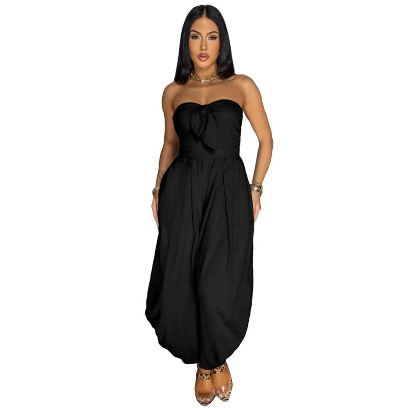 Black Off the Shoulder Lace Up Wide Leg Women's Casual Romper Jumpsuits