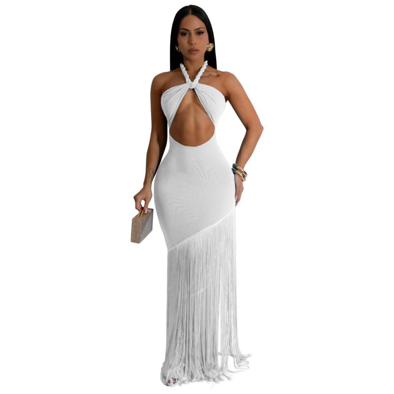 White Off Shoulder Evening Party Tassels Maxi Gowns Bandage Long Dress