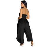 Black Off the Shoulder Lace Up Wide Leg Women's Casual Romper Jumpsuits