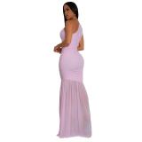 Pink Sleeveless Mesh Pleated Evening Prom Club Long Dress