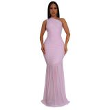 Pink Sleeveless Mesh Pleated Evening Prom Club Long Dress