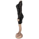 Black Long Sleeve Rhinestones Mesh See Through Bodycon Party Dress