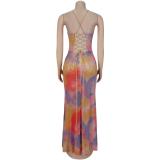 Pink Blue Straps V Neck Printed Sequins Luxury Evening Formal Dress