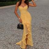 Yellow Straps Low Cut Mesh Ruffles Elegant Evening Party Maxi Dress