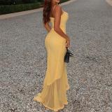 Yellow Straps Low Cut Mesh Ruffles Elegant Evening Party Maxi Dress