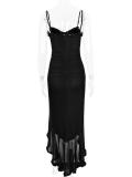 Black Straps Low Cut Mesh Ruffles Elegant Evening Party Maxi Dress