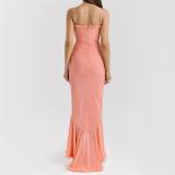Black Straps Low Cut Mesh Ruffles Elegant Evening Party Maxi Dress 009