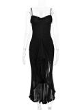 Black Straps Low Cut Mesh Ruffles Elegant Evening Party Maxi Dress