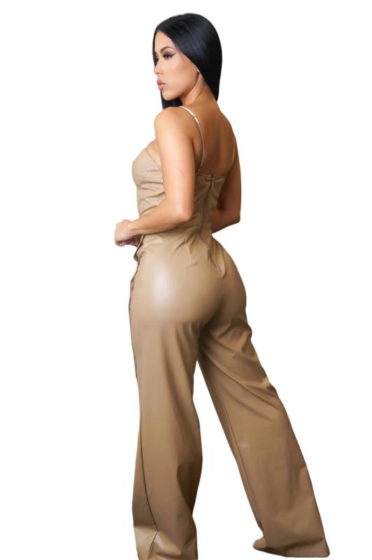 Khaki Straps Low Cut V Neck PU Leather Bodycon Wide Leg Sexy Jumpsuits