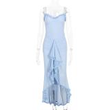 Sky Blue Straps Low Cut Mesh Ruffles Elegant Evening Party Maxi Dress