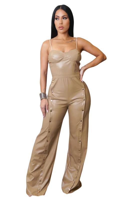 Khaki Straps Low Cut V Neck PU Leather Bodycon Wide Leg Sexy Jumpsuits