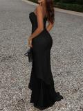 Black Straps Low Cut Mesh Ruffles Elegant Evening Party Maxi Dress
