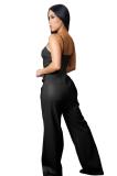 Black Straps Low Cut V Neck PU Leather Bodycon Wide Leg Sexy Jumpsuits