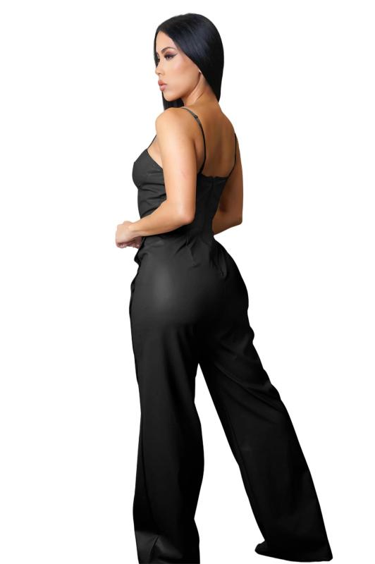 Black Straps Low Cut V Neck PU Leather Bodycon Wide Leg Sexy Jumpsuits