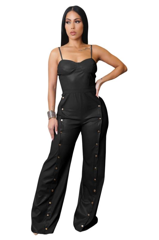 Black Straps Low Cut V Neck PU Leather Bodycon Wide Leg Sexy Jumpsuits