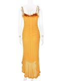 Yellow Straps Low Cut Mesh Ruffles Elegant Evening Party Maxi Dress