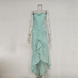 Green Straps Low Cut Mesh Ruffles Elegant Evening Party Maxi Dress