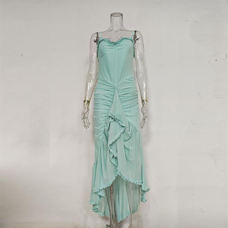 Green Straps Low Cut Mesh Ruffles Elegant Evening Party Maxi Dress