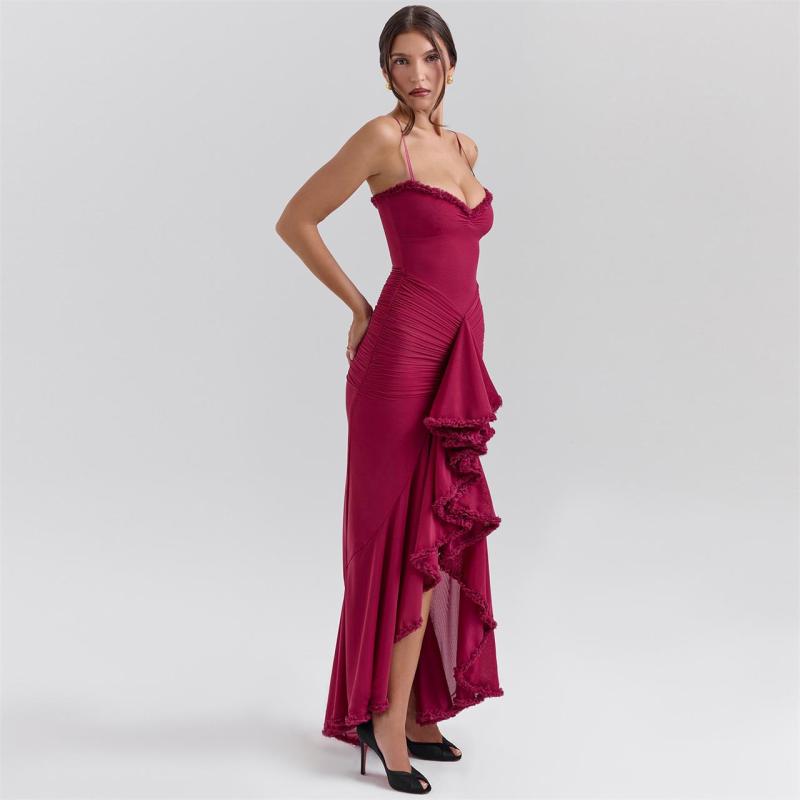 Claret Straps Low Cut Mesh Ruffles Elegant Evening Party Maxi Dress