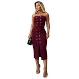 Claret Off the Shoulder Sleeveless Lace Up Bandage Sexy Two Pieces Set Dress