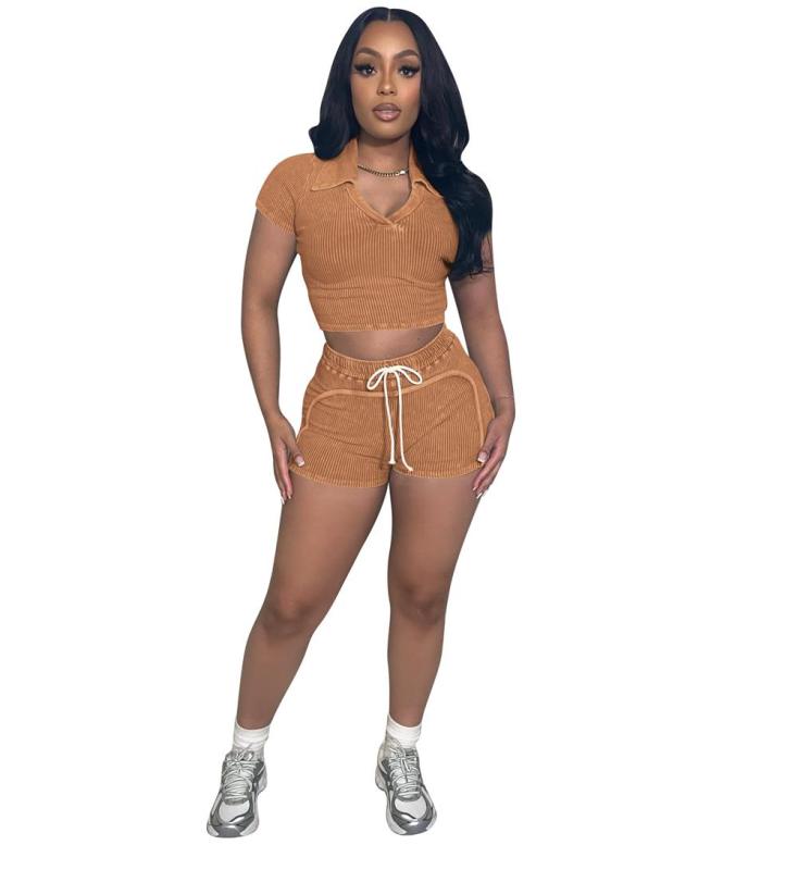 Black Two Pieces Thread Washing Casual Stripes Bodycon Short Sets 004