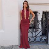 Claret Deep V Neck Halter Lace See Through Evening Formal Dress