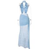 Sky Blue Deep V Neck Halter Lace See Through Evening Formal Dress