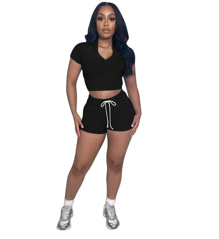 Black Two Pieces Thread Washing Casual Stripes Bodycon Short Sets 002