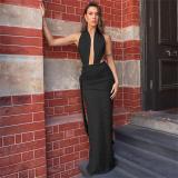 Black Deep V Neck Halter Lace See Through Evening Formal Dress