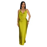 Yellow Straps Low Cut Backless Pleated Fashion Women's Party Maxi Dress