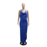 Blue Straps Low Cut Backless Pleated Fashion Women's Party Maxi Dress