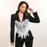 Black Long Sleeve Fashion Women's Lace Splicing Suit Casual Jacket