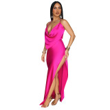 Rose Red Straps Low Cut Backless Pleated Fashion Women's Party Maxi Dress