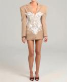 Khaki Long Sleeve Fashion Women's Lace Splicing Suit Casual Jacket