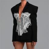 Black Long Sleeve Fashion Women's Lace Splicing Suit Casual Jacket