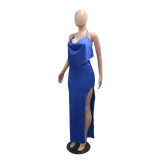 Blue Straps Low Cut Backless Pleated Fashion Women's Party Maxi Dress