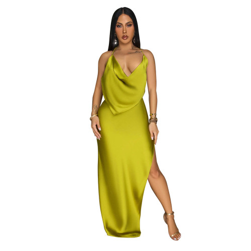 Yellow Straps Low Cut Backless Pleated Fashion Women's Party Maxi Dress